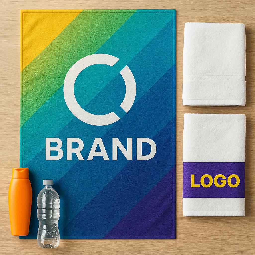 Handtücher bedrucken lassen: Beispiel für CMYK-Sublimationsdruck und Jacquard-Handtuch mit eingewebtem Logo – B2B-Produktion